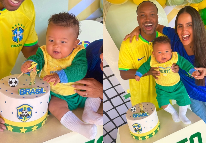 Carol Peixinho e Thiaguinho celebram mêsversário de Bento em clima de Copa