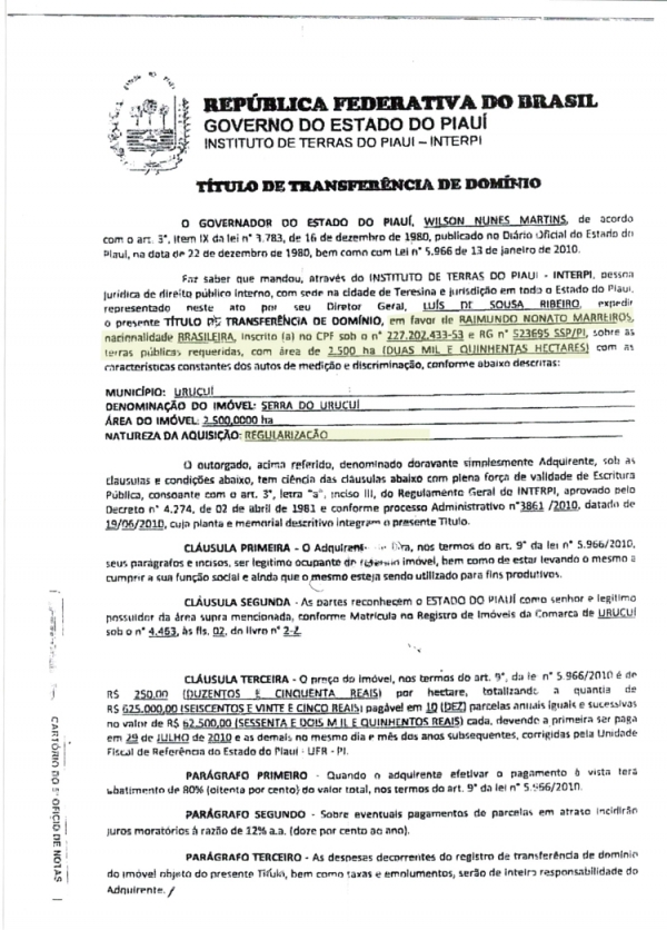 Wilson Martins beneficiou ex-prefeito de Pimenteiras com terras - Imagem 2