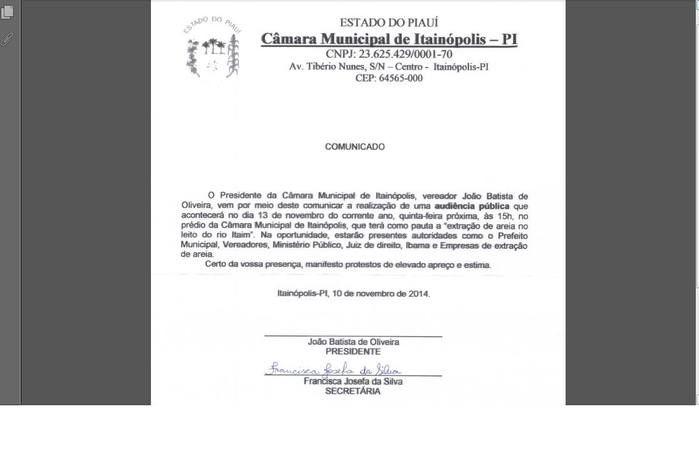 AUDIÊNCIA PÚBLICA - PROIBIÇÃO DA EXTRAÇÃO DA AREIA DO RIO ITAIN - Imagem 1