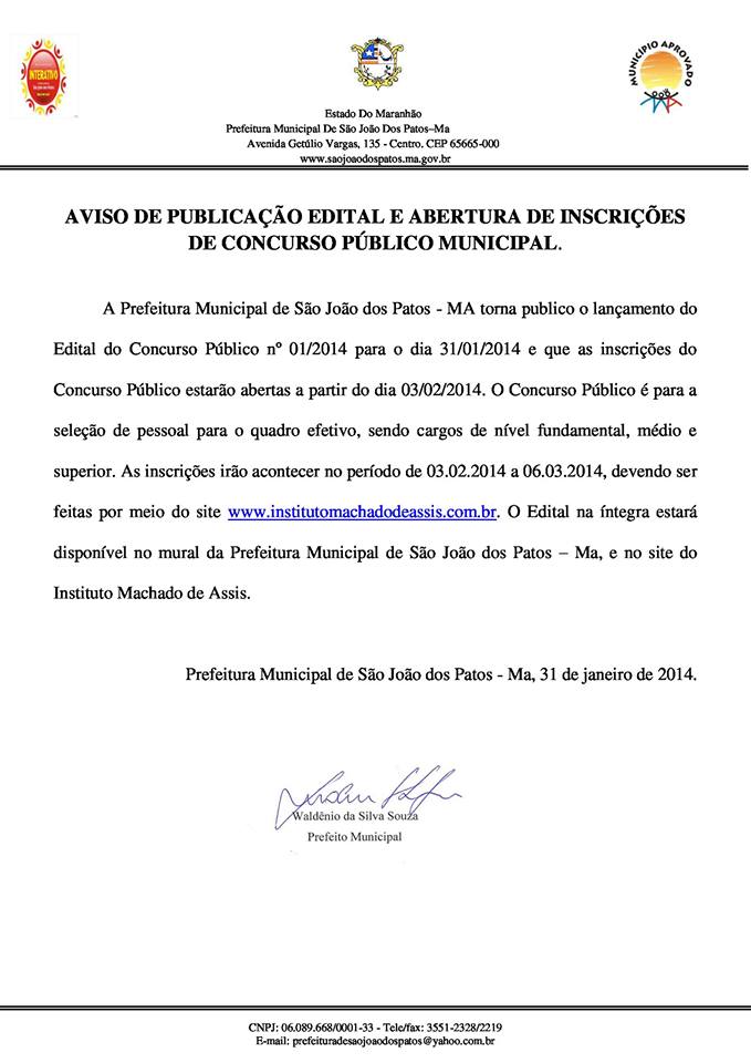 Saiu Edital para Concurso Público de São João dos Patos