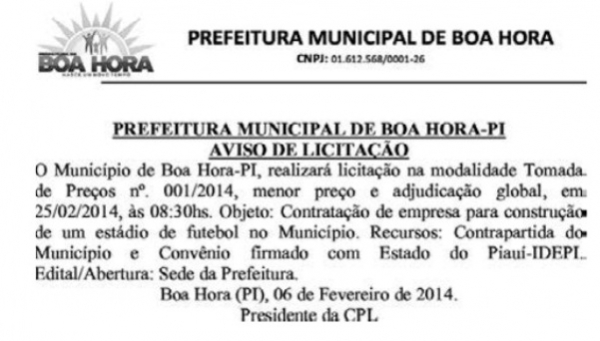 Prefeitura de Boa Hora anuncia licitação para a construção do estádio de futebol - Imagem 1