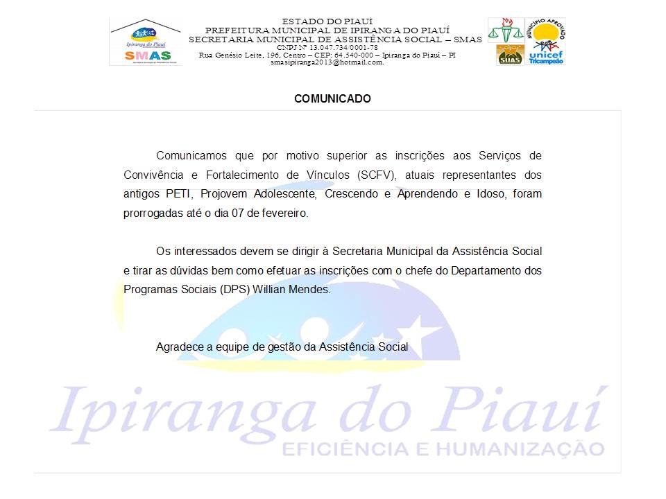 Prorrogação das Inscrições aos Programas Sociais