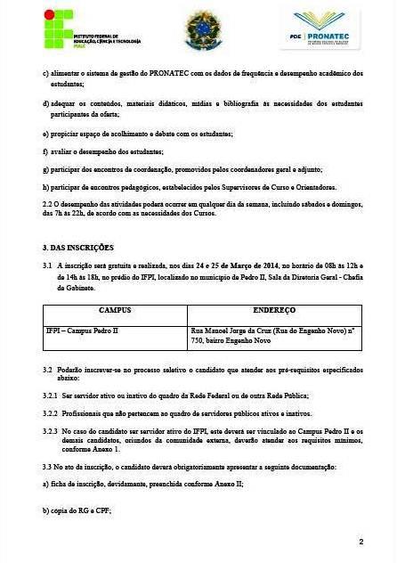 Publicado edital para seleção de professor do PRONATEC em Pedro II - Imagem 2