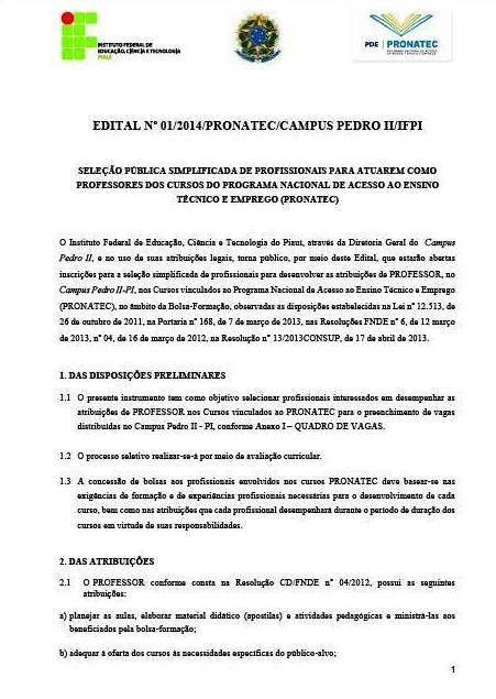 Publicado edital para seleção de professor do PRONATEC em Pedro II - Imagem 1