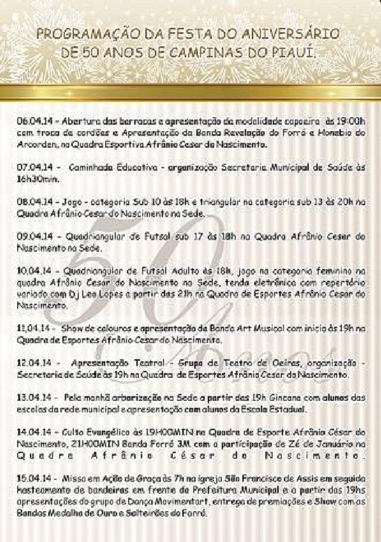 Programação do 50º Aniversário de Campinas do Piauí