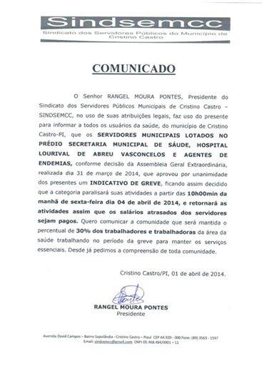 O presidente do SINDSEMCC comunica aos servidores da Saúde a paralisação, motivo salários atrasados