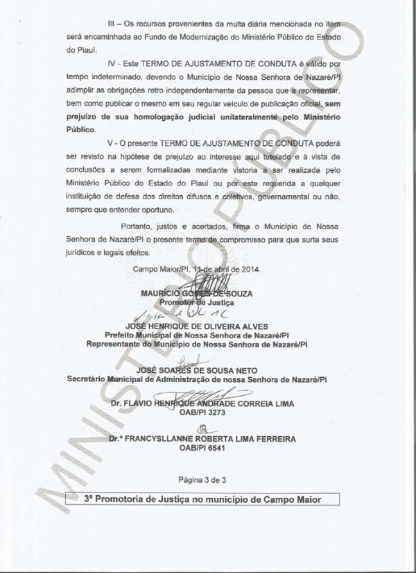 Ministério público firma termo de ajuste de conduta para o prefeito de Nossa Senhora de Nazaré demitir todos os servidores contratados do município - Imagem 3