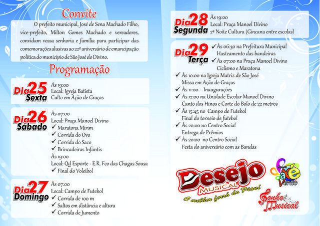Programação do 22º Aniversário de Emancipação Política de São José do Divino-PI