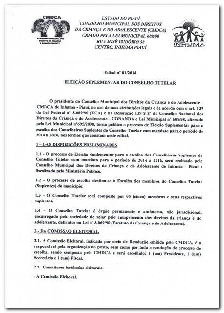 Edital nº 01/2014 - Eleição Suplementar do Conselho Tutelar - Imagem 1