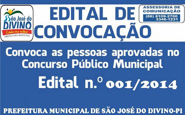 Prefeitura de São José do Divino-PI, lança Edital de Convocação de Concurso Público Nº 001/2014