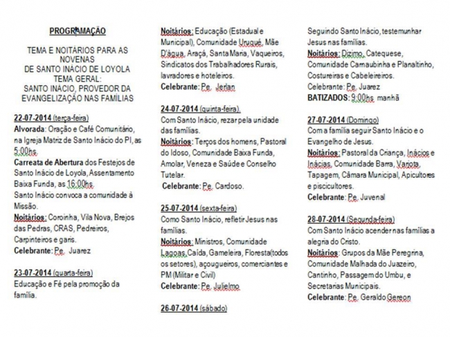 Veja programação dos festejos de Santo Inácio de Loyola - Imagem 1