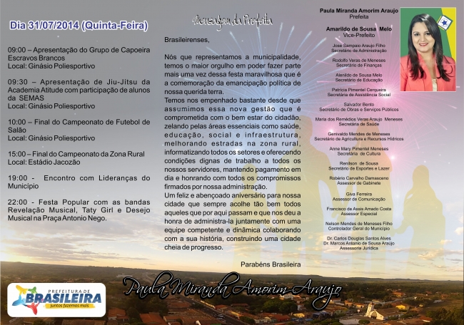 Participe da programação  alusiva aos 23 anos da cidade de Brasileira - Imagem 1