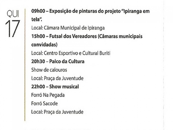 A Prefeitura Municipal de Ipiranga convida a todos para XXXI Semana Cultural da Juventude Ipiranguense - Imagem 6