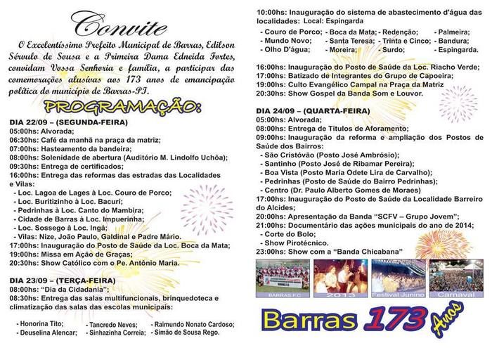 Confira a programação dos 173 anos de Barras - Imagem 1