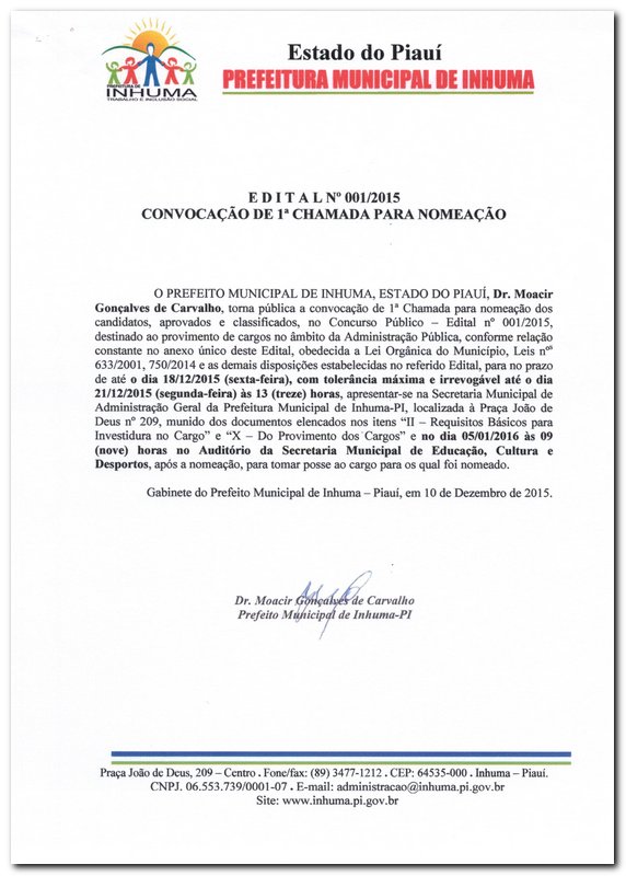 Edital nº 001/2015-Convocação de 1ª chamada para nomeação-Concurso Público - Imagem 1