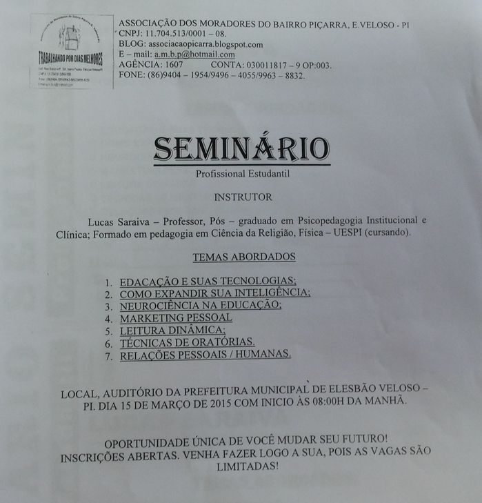 Associação dos moradores do Bairro Piçarra promove seminário, veja a programação  - Imagem 1