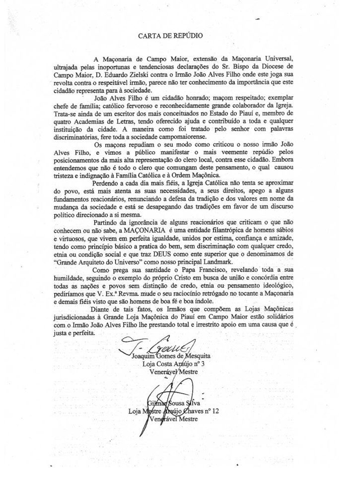 Maçonaria divulga carta de repúdio contra Bispo de Campo Maior - Imagem 2