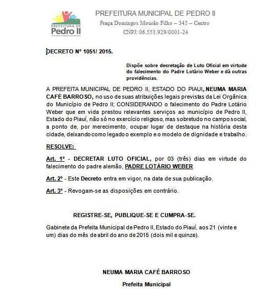 Prefeita Neuma Café decreta luto oficial pela morte de padre Lotário Weber - Imagem 1