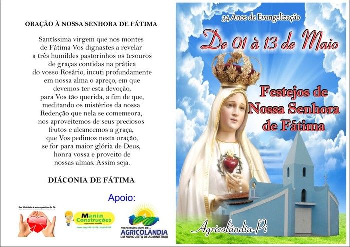 Festejos de Nossa Senhora de Fátima de 01 a 13 de Maio 34 anos de Evangelização em Agricolândia - Imagem 1