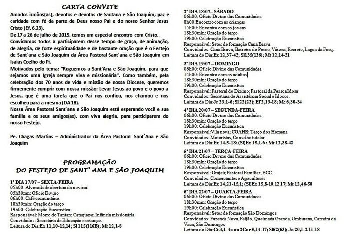 Venha participar dos FESTEJOS DE SANT’ ANA E SÃO JOAQUIM 17 A 26 Julho 2015 Isaias Coelho, confira a programação - Imagem 1