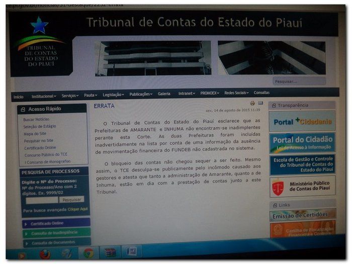 (TCE) Tribunal de Contas do Estado esclarece em nota em seu Portal que as Contas da Prefeitura de Inhuma e de Amarante não foram bloqueadas.   - Imagem 1