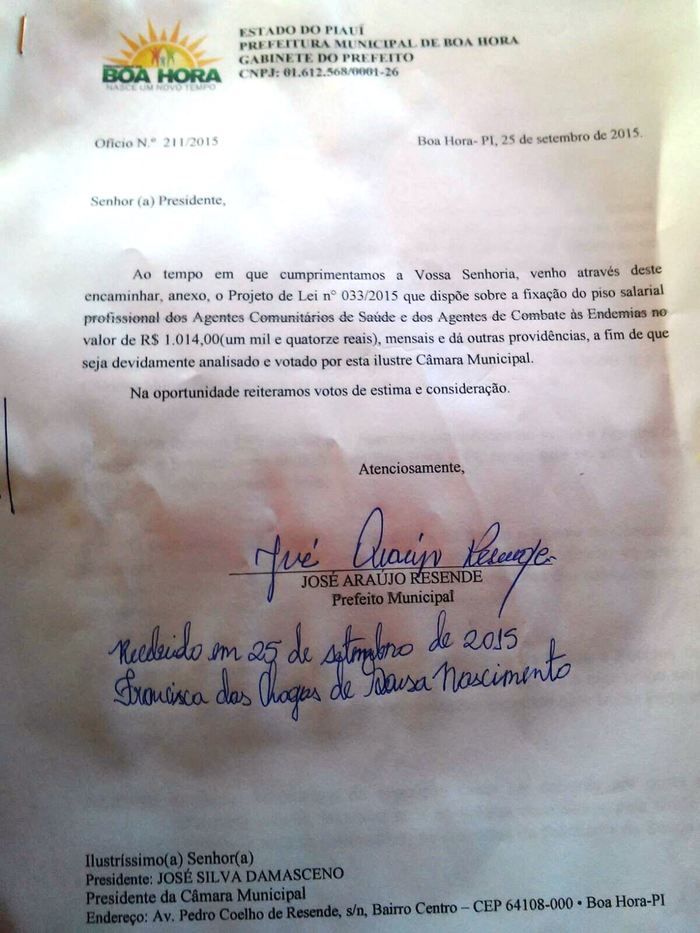 PREFEITO ZÉ RESENDE ENVIA A CÂMARA MUNICIPAL PROJETO DE LEI Nº 003/2015, QUE REGULAMENTA O PISO SALARIAL DOS AGENTES COMUNITÁRIOS DE SAÚDE E DOS AGENT - Imagem 1