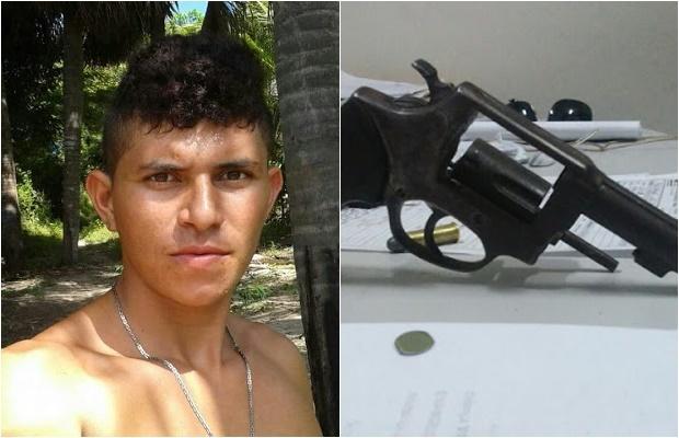 Jovem assassinado ao tentar sair de bar e a arma do crime (Crédito: Reprodução)