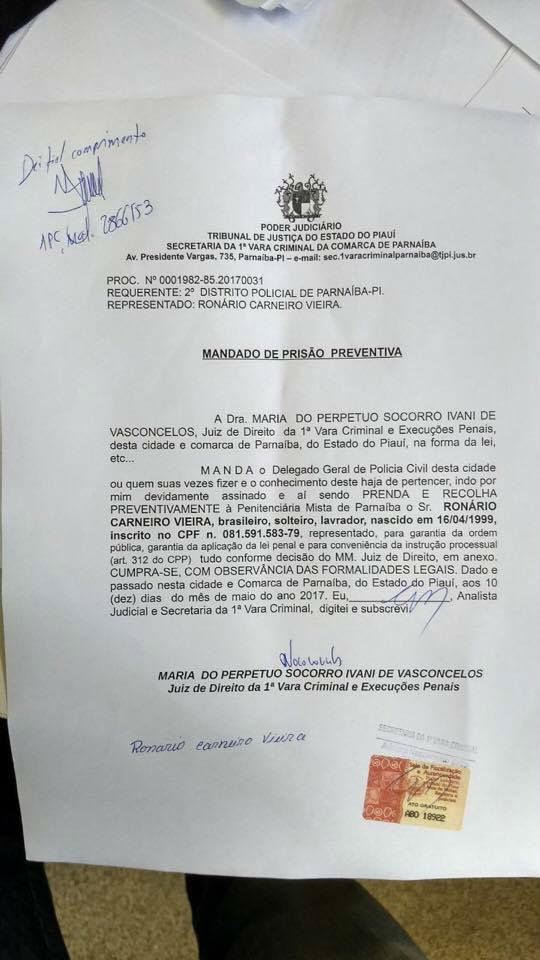Mandado de prisão contra Ronário Carneiro Vieira (Crédito: Divulgação)