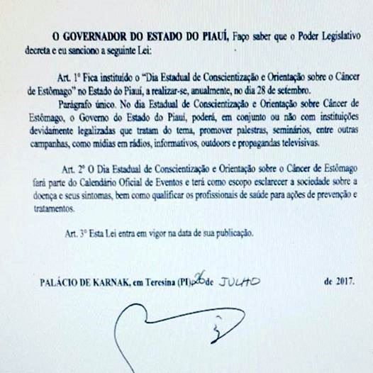Piauí institui o Dia Estadual de Combate ao Câncer Gástrico  - Imagem 1