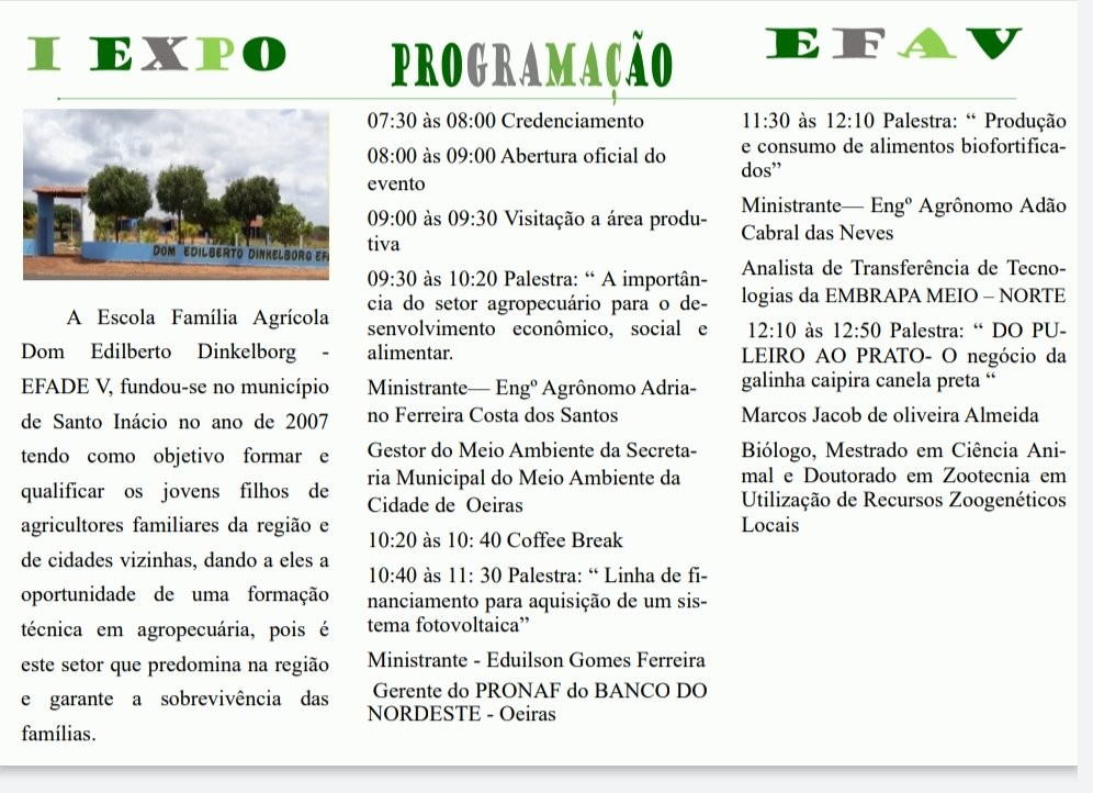    I EXP EFA V será realizado na escola agrícola Dom Edilberto (EFADE V) em Santo Inácio do Piauí - Imagem 1
