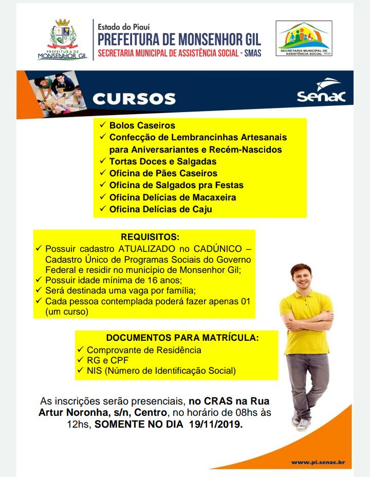 Oportunidades: faça sua inscrição para cursos do Senac, via prefeitura Municipal de Monsenhor Gil 
