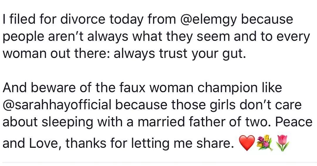 A mensagem que Diane Gaeta fez para denunciar o affair do marido com a atriz Sarah Hay (Foto: Reprodução/Instagram) A mensagem que Diane Gaeta fez para denunciar o affair do marido com a atriz Sarah Hay (Foto: Reprodução/Instagram)