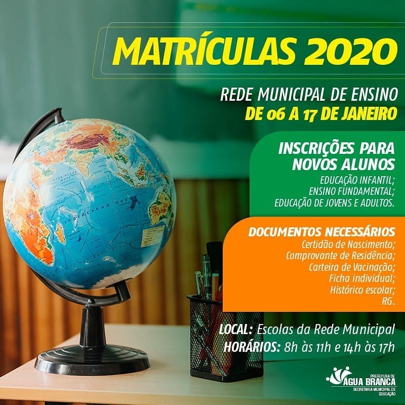 Matrículas para novos alunos da rede municipal de Água Branca seguem até dia 17