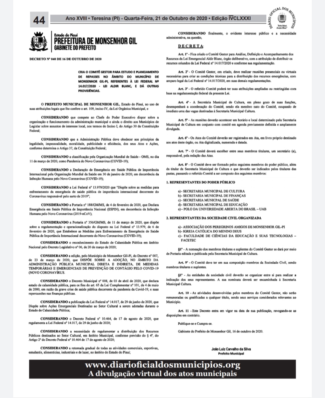 Monsenhor Gil dá início ao pagamento dos beneficiários do Auxílio Emergencial da Cultura - Lei Aldir Blanc - Imagem 4