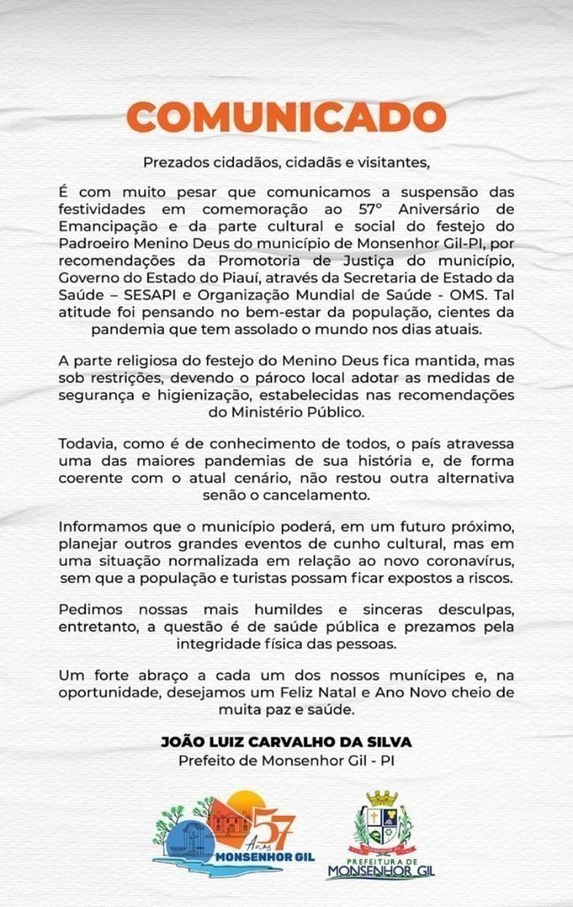 Prefeitura de Monsenhor Gil anuncia cancelamento de eventos, aniversário da cidade e réveillon popular
