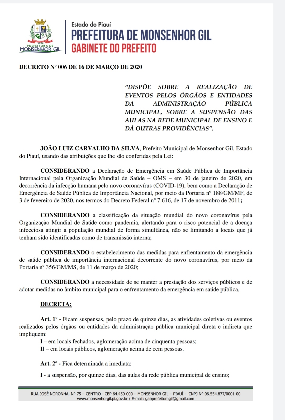 Monsenhor Gil entra no combate ao Covid-19. Prefeito baixa Decreto suspendendo serviços - Imagem 1