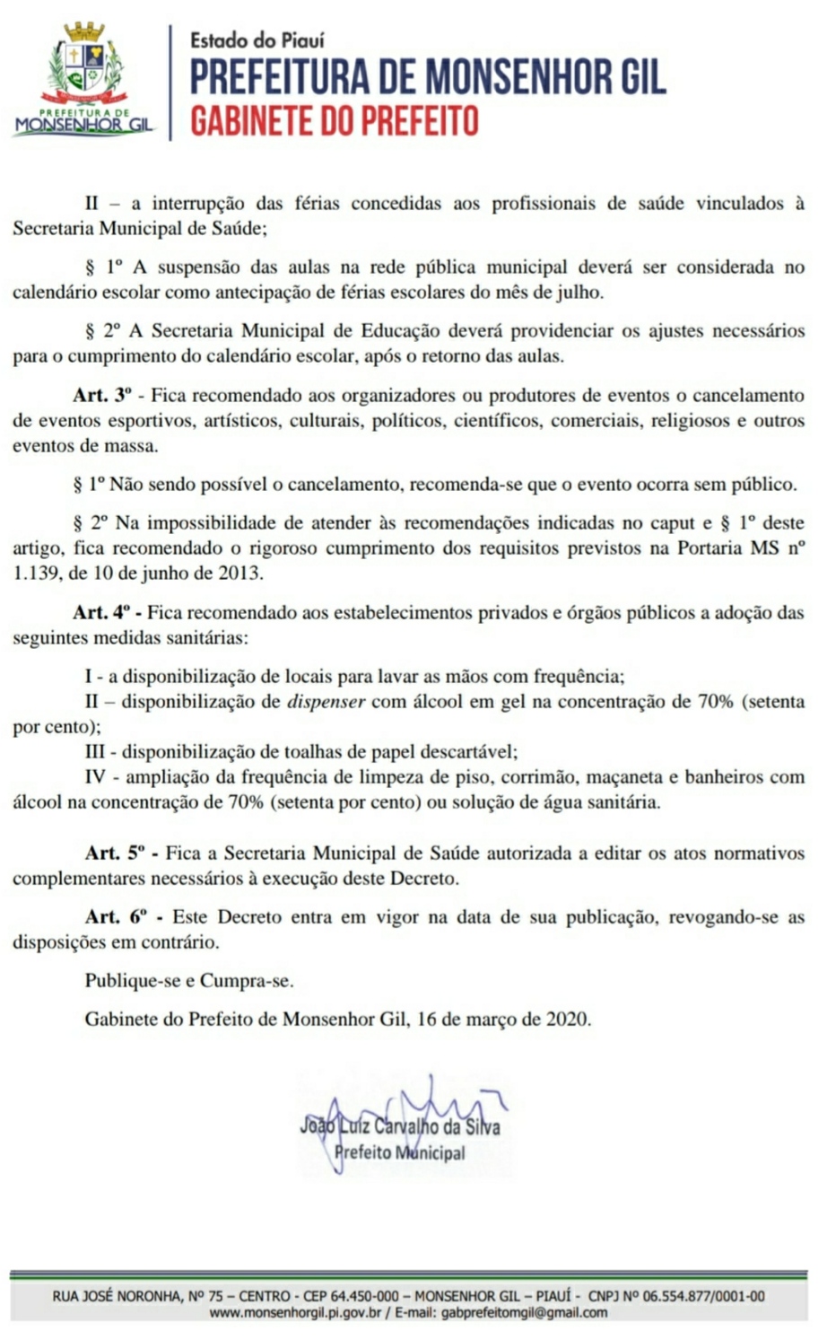 Monsenhor Gil entra no combate ao Covid-19. Prefeito baixa Decreto suspendendo serviços - Imagem 2