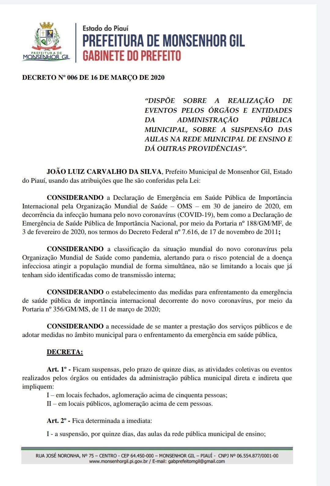Monsenhor Gil entra no combate ao Covid-19. Prefeito baixa Decreto suspendendo serviços