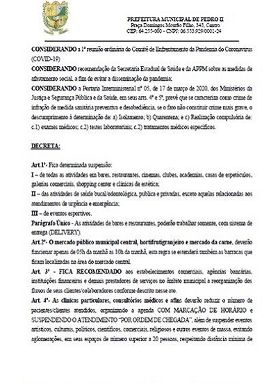 Prefeitura Municipal de Pedro II baixa decreto de calamidade pública em decorrência da pandemia do Covid-19  - Imagem 3