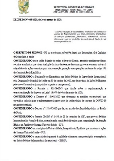 Prefeitura Municipal de Pedro II baixa decreto de calamidade pública em decorrência da pandemia do Covid-19  - Imagem 2
