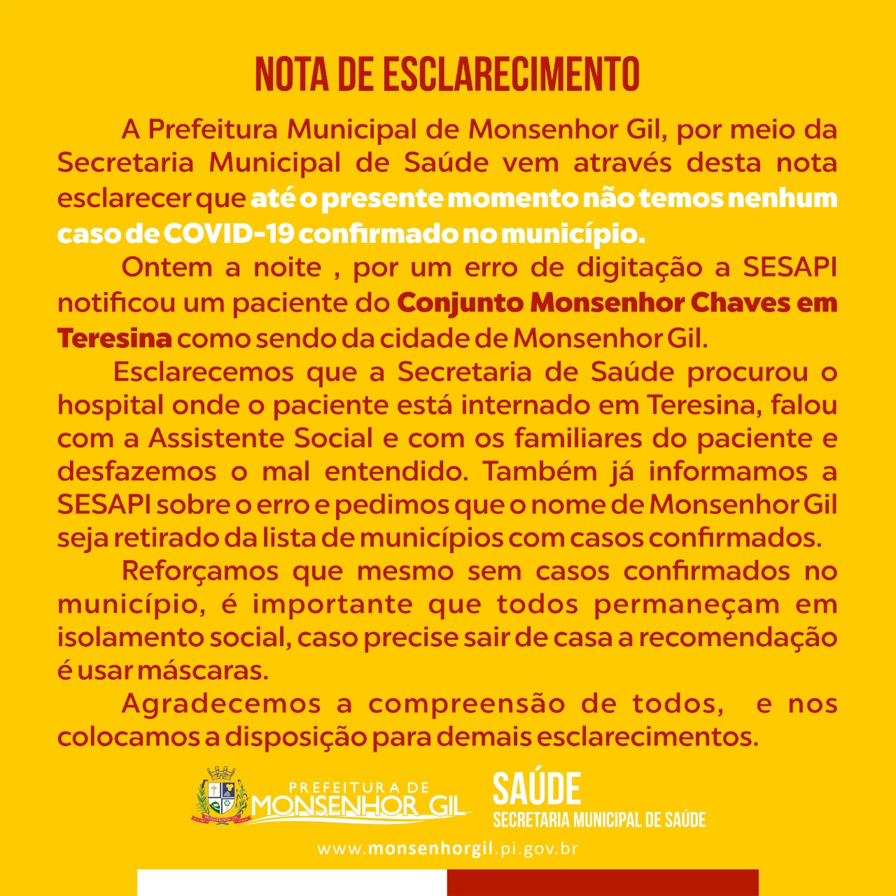 Monsenhor Gil continua SEM caso confirmado de covid-19 - Imagem 1