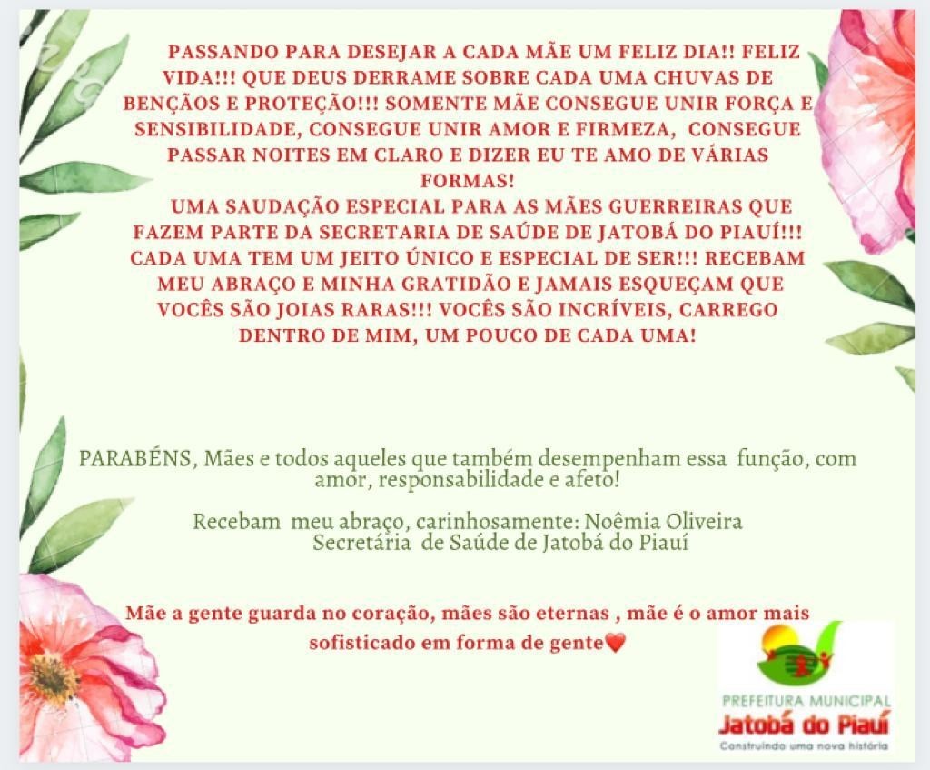 No dia das mães a secretária de saúde de Jatobá do Piauí Noemia Oliveira parabeniza todas as mães do município