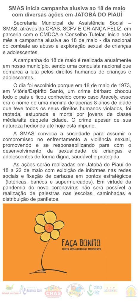Secretaria municipal de assistência social inicia campanha alusiva ao 18 de maio com diversas ações em Jatobá do Piauí - Imagem 1