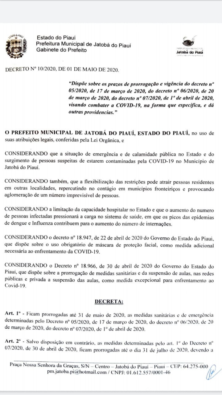 Prefeito Zé Carlos prorroga Decreto Municipal em Jatobá do Piauí