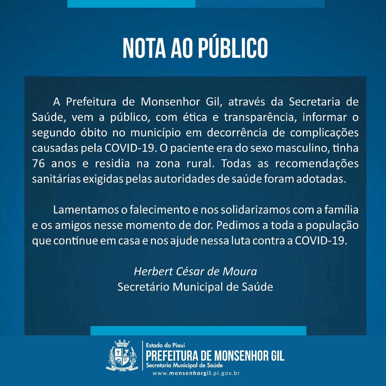 Mais uma morte por Covid-19 em Monsenhor Gil - Imagem 1