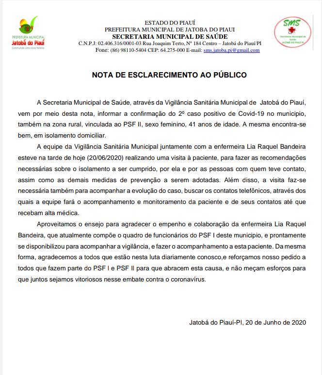 Jatobá do Piauí registra o segundo caso confirmado positivo de Covid-19 no município - Imagem 1