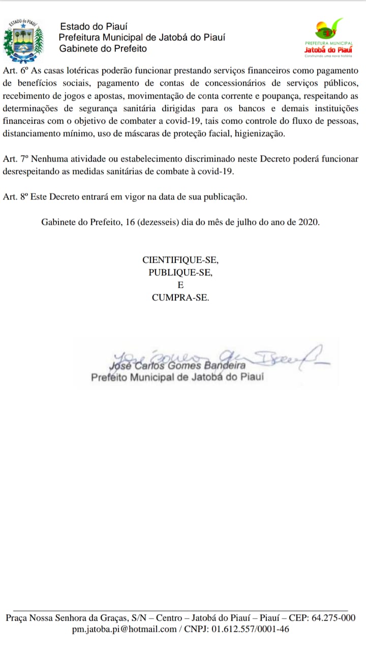 Jatobá do Piauí seguirá Decreto do Governo do Estado com medidas de isolamento social que serão aplicadas no final de semana. - Imagem 2