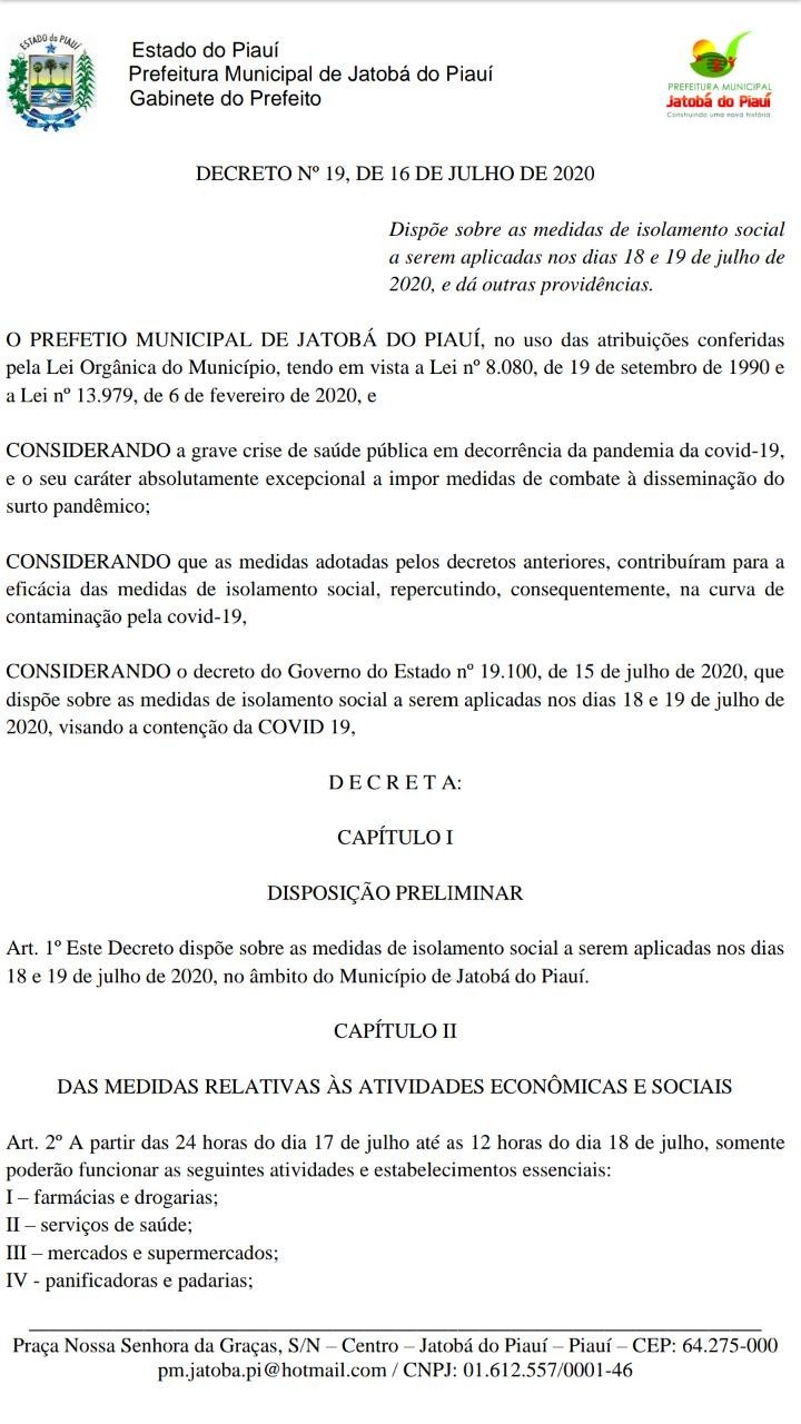Jatobá do Piauí seguirá Decreto do Governo do Estado com medidas de isolamento social que serão aplicadas no final de semana.
