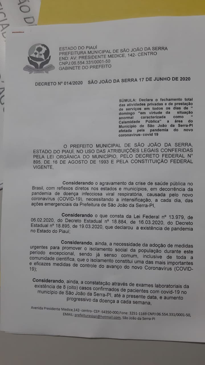 Decreto Municipal deixa domingos em lockdown na cidade de São João da Serra - Imagem 1