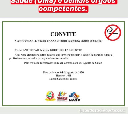 Secretaria de Saúde convida fumantes para encontro dia 4 de agosto